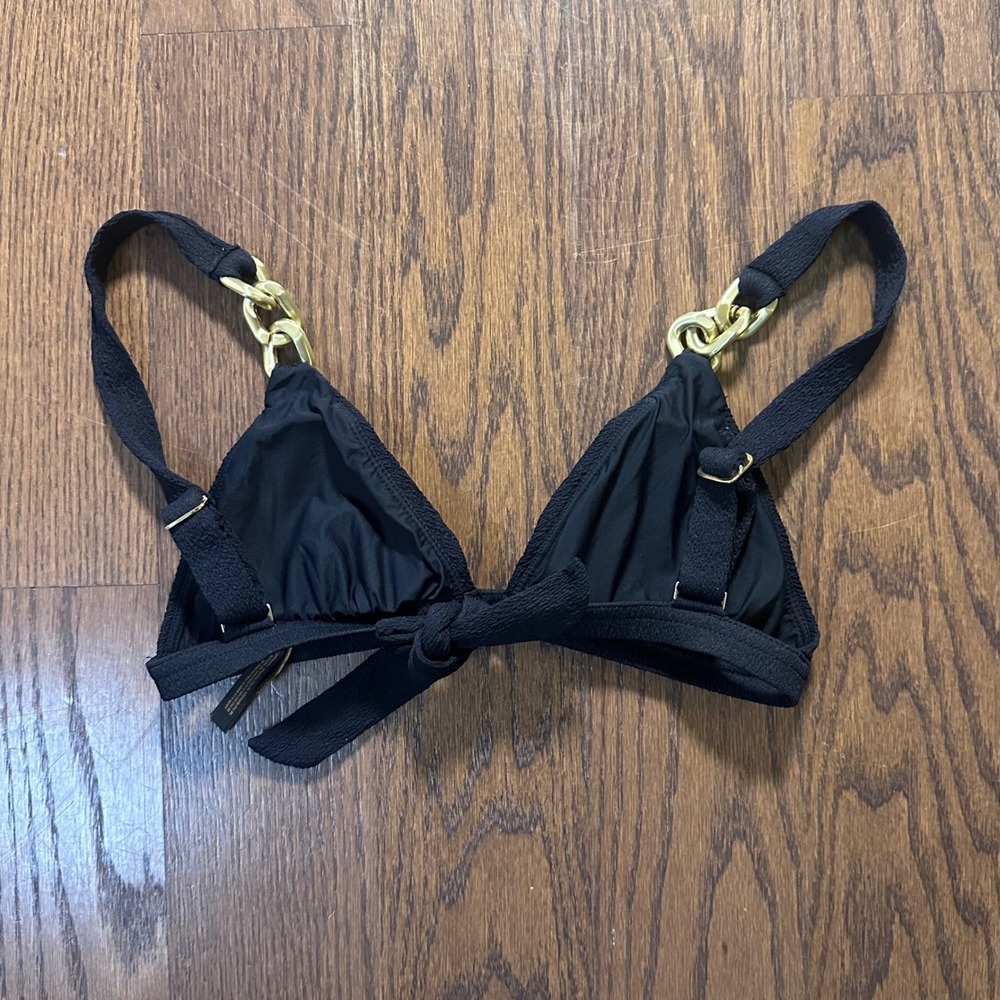ViX Paula Hermanny Black Textured Triangle Bikini Top Gold Chain Hardware S